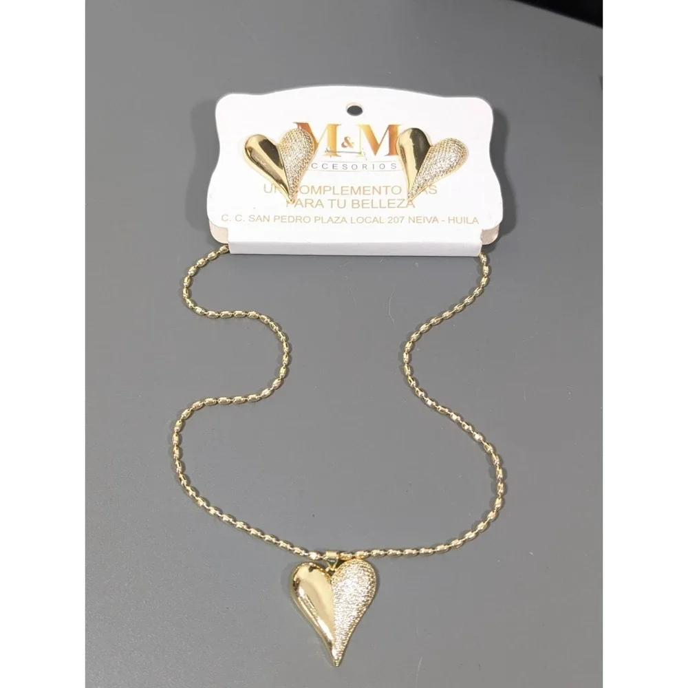M & M Accessories Gold Tone Pave Crystal Puffy‎ Heart Necklace Earring Set